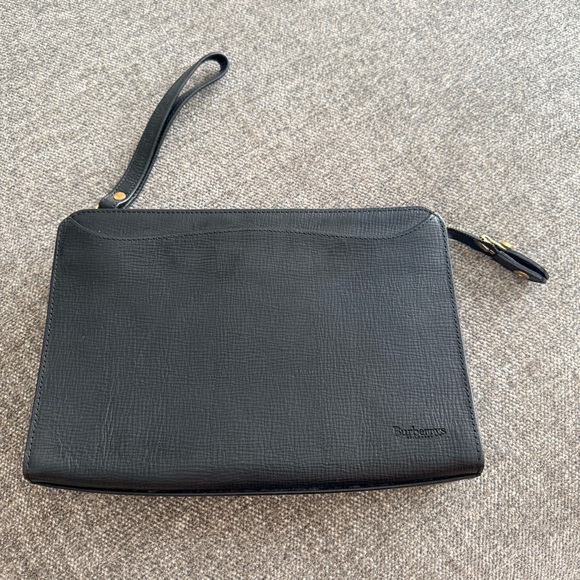 BURBERRY Black Leather Zip Clutch Wristlet Unisex
